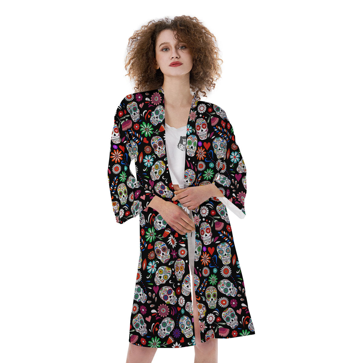 Skeleton Day Of The Dead Print Pattern Kimono-grizzshop