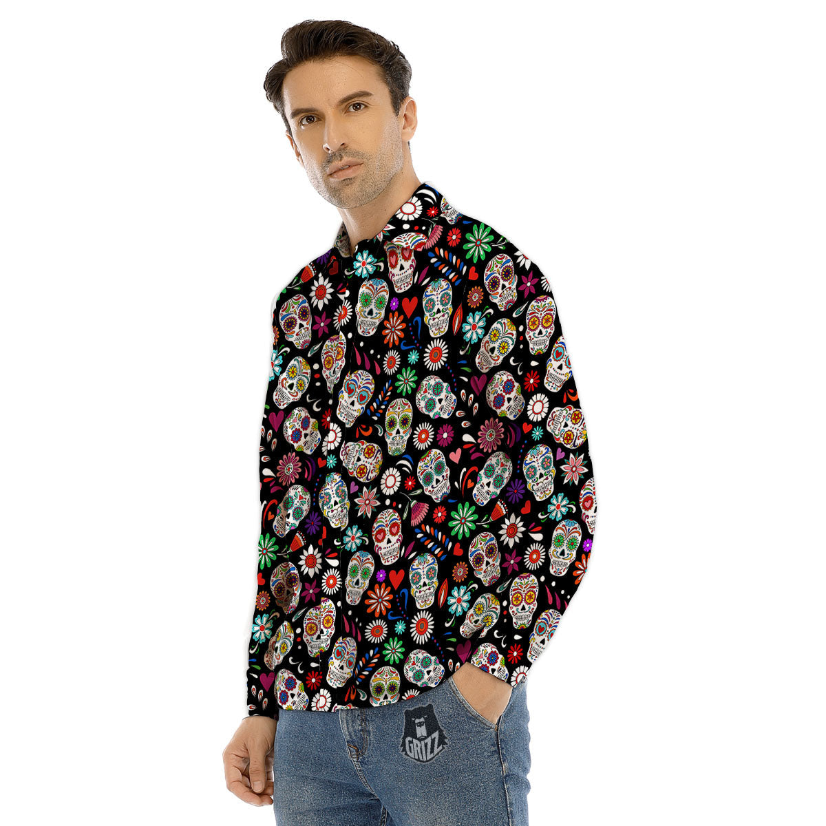 Skeleton Day Of The Dead Print Pattern Men's Dress Shirts-grizzshop