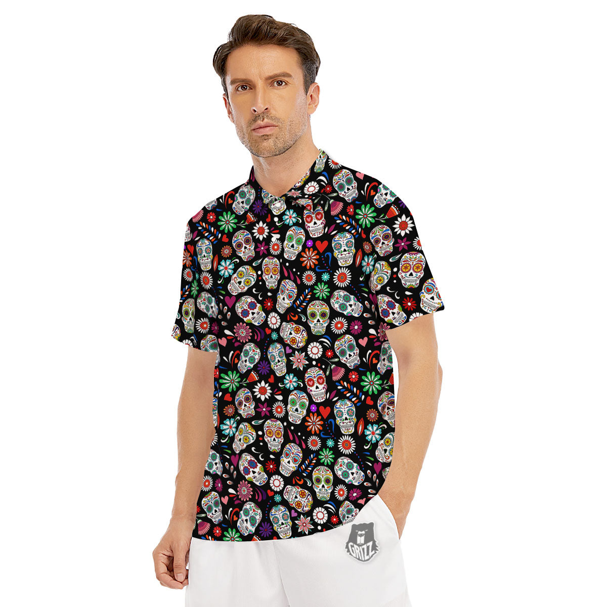 Skeleton Day Of The Dead Print Pattern Men's Golf Shirts-grizzshop
