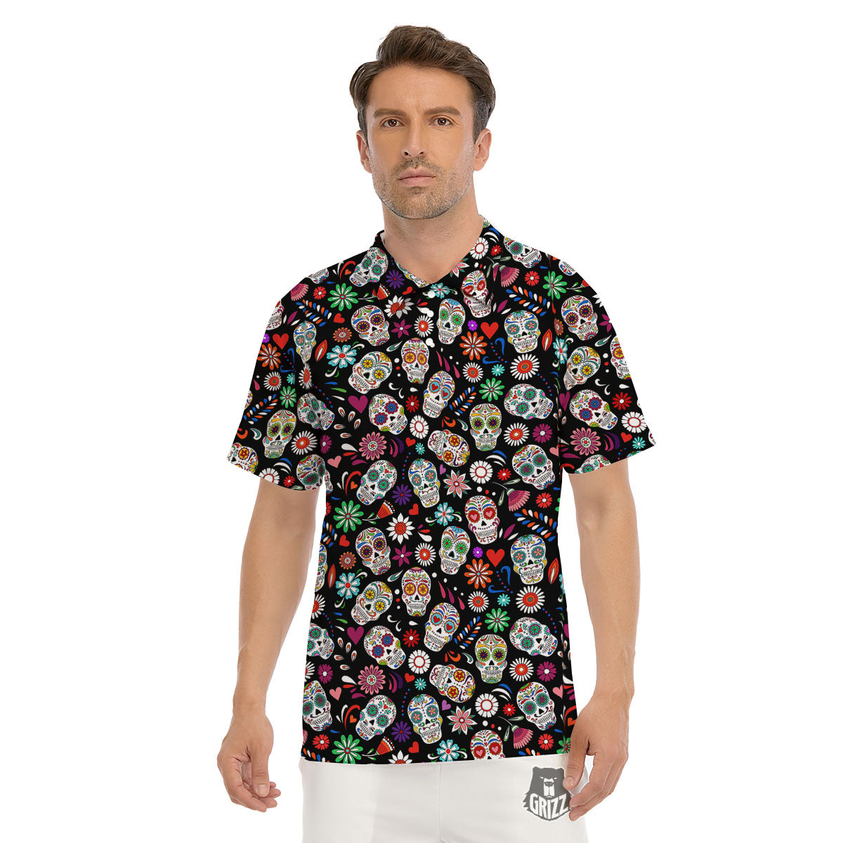 Skeleton Day Of The Dead Print Pattern Men's Golf Shirts-grizzshop