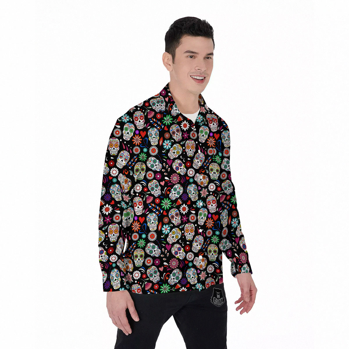 Skeleton Day Of The Dead Print Pattern Men's Long Sleeve Shirts-grizzshop