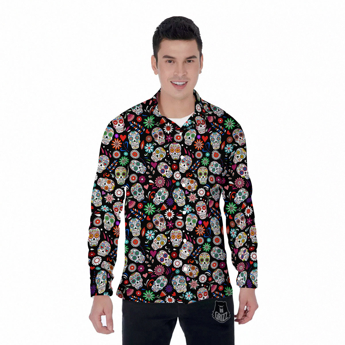 Skeleton Day Of The Dead Print Pattern Men's Long Sleeve Shirts-grizzshop