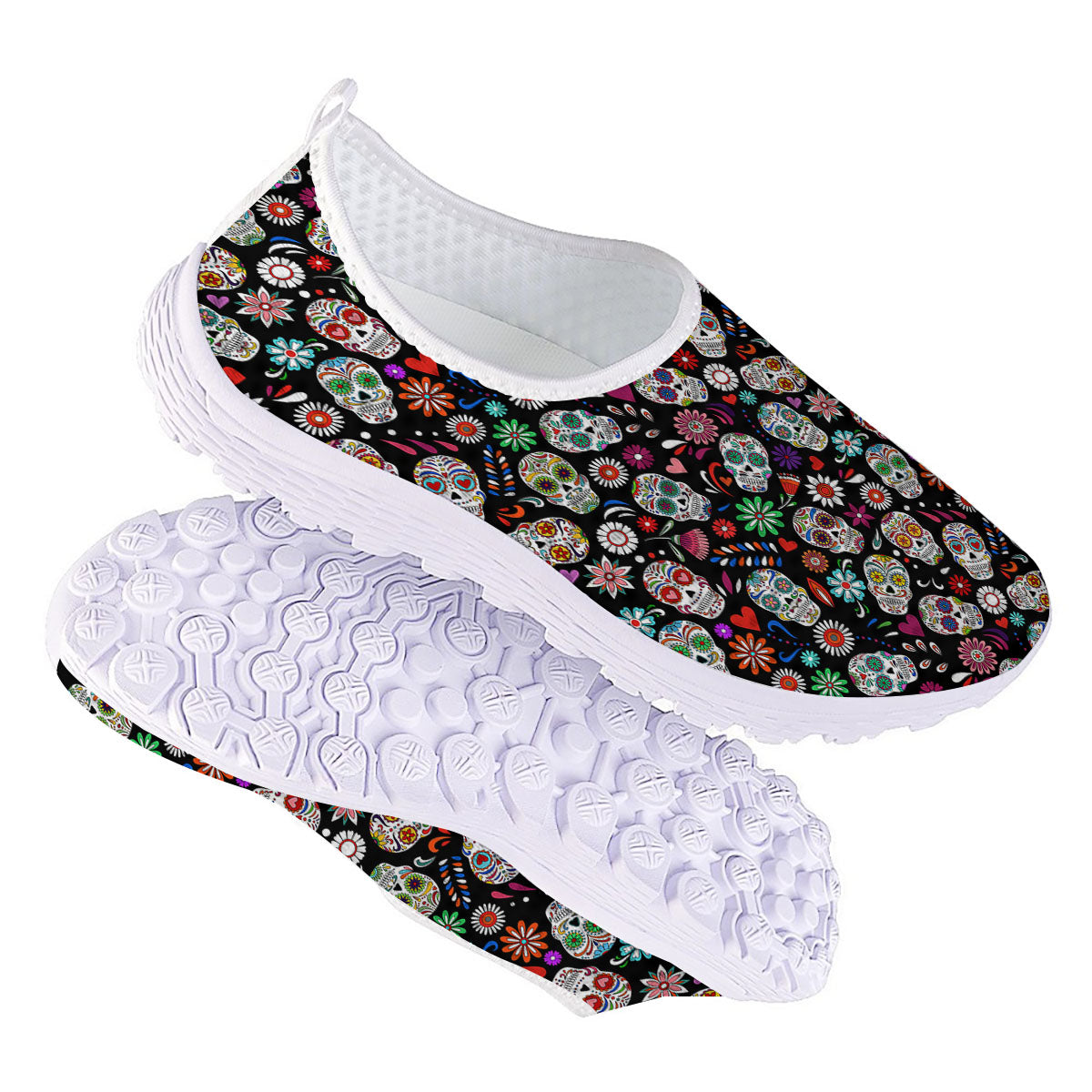 Skeleton Day Of The Dead Print Pattern Nurse Shoes-grizzshop
