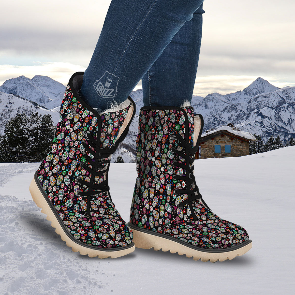 Skeleton Day Of The Dead Print Pattern Snow Boots-grizzshop