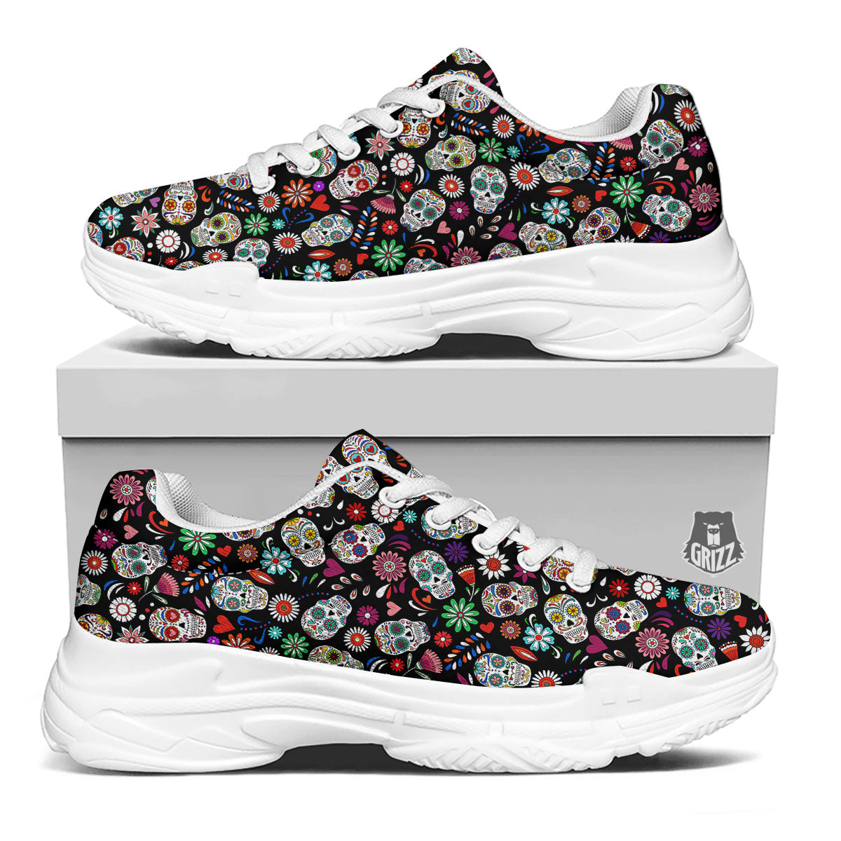 Skeleton Day Of The Dead Print Pattern White Chunky Shoes-grizzshop