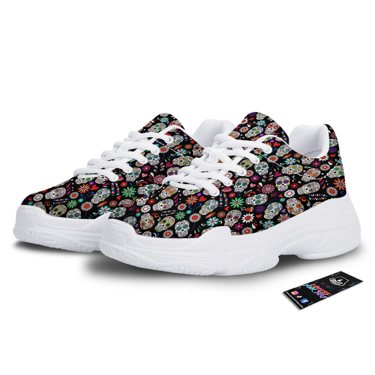 Skeleton Day Of The Dead Print Pattern White Chunky Shoes-grizzshop