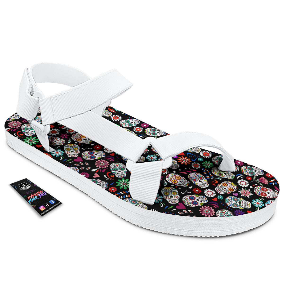 Skeleton Day Of The Dead Print Pattern White Open Toe Sandals-grizzshop