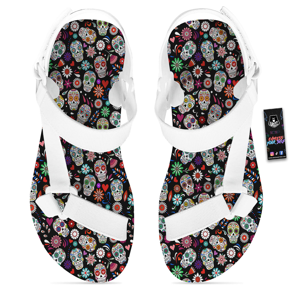 Skeleton Day Of The Dead Print Pattern White Open Toe Sandals-grizzshop