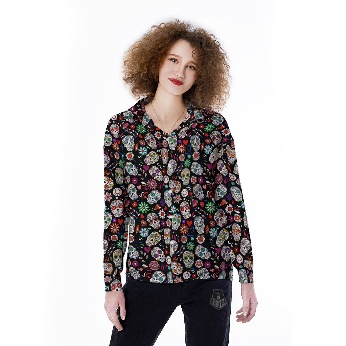 Skeleton Day Of The Dead Print Pattern Women's Long Sleeve Shirts-grizzshop