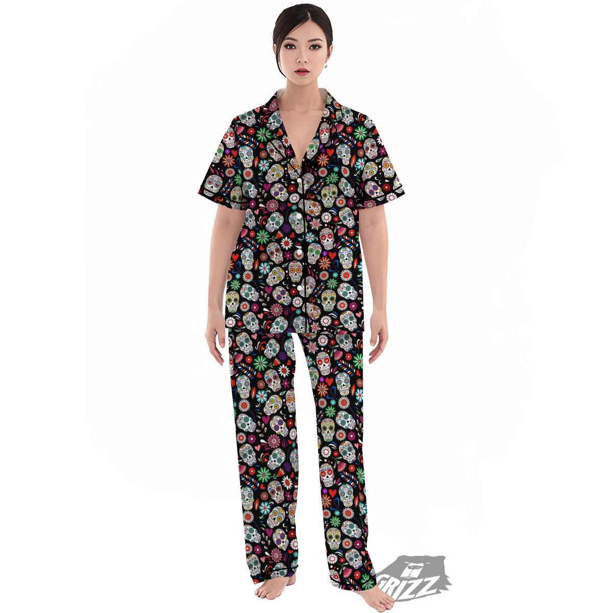 Skeleton Day Of The Dead Print Pattern Women's Pajamas Set-grizzshop
