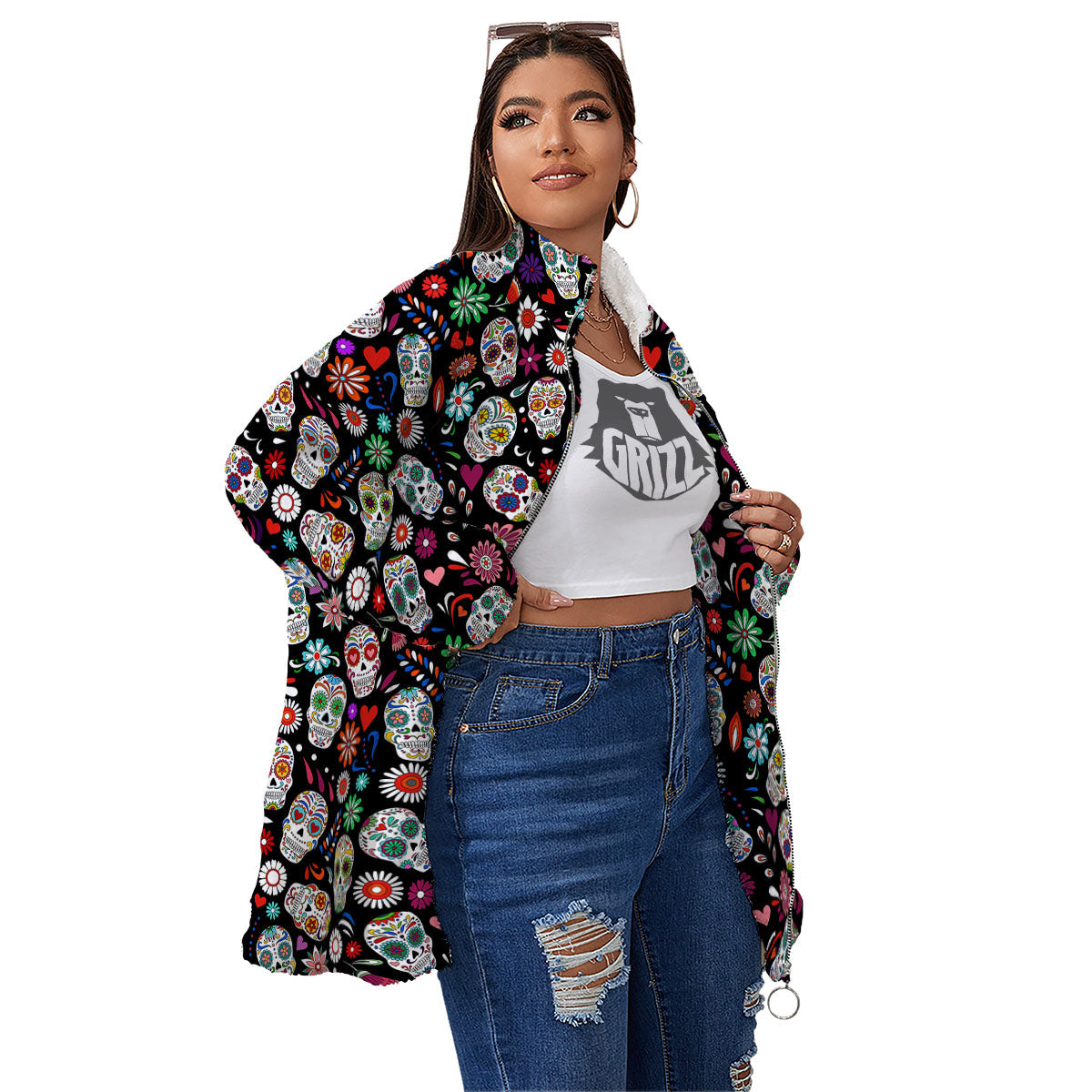 Skeleton Day Of The Dead Print Pattern Women's Sherpa Jacket-grizzshop