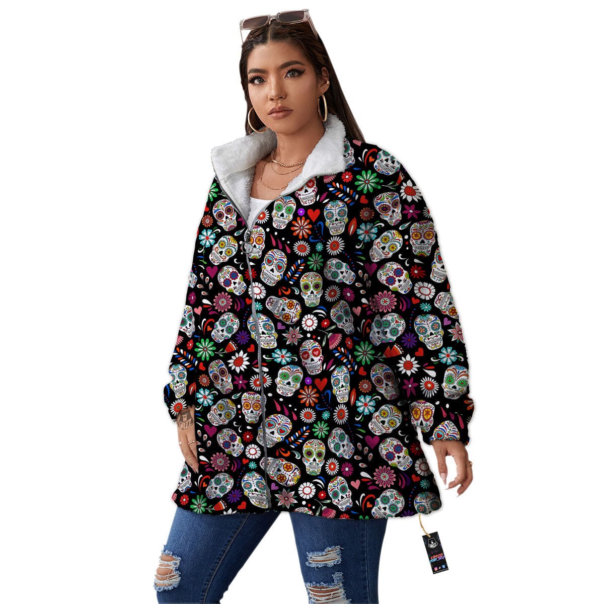 Skeleton Day Of The Dead Print Pattern Women's Sherpa Jacket-grizzshop