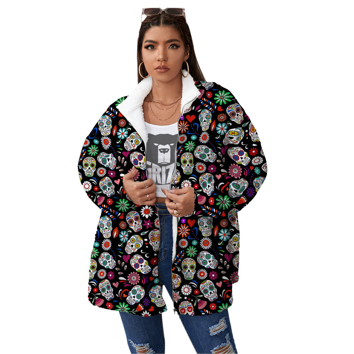 Skeleton Day Of The Dead Print Pattern Women's Sherpa Jacket-grizzshop