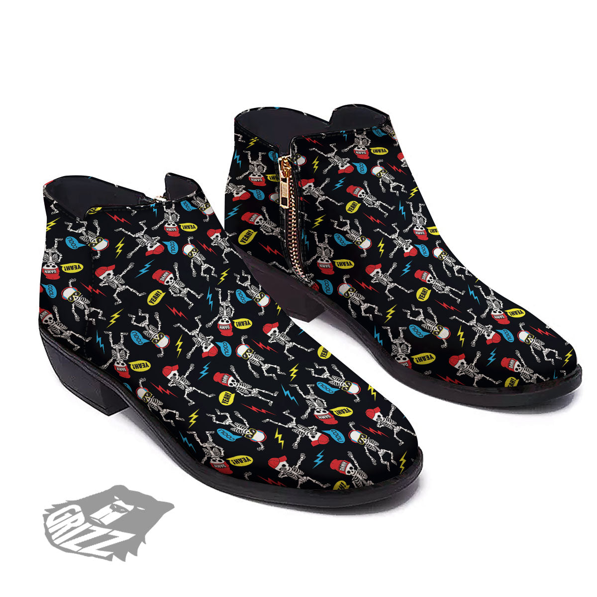 Skeleton Party Fun Print Pattern Ankle Boots-grizzshop