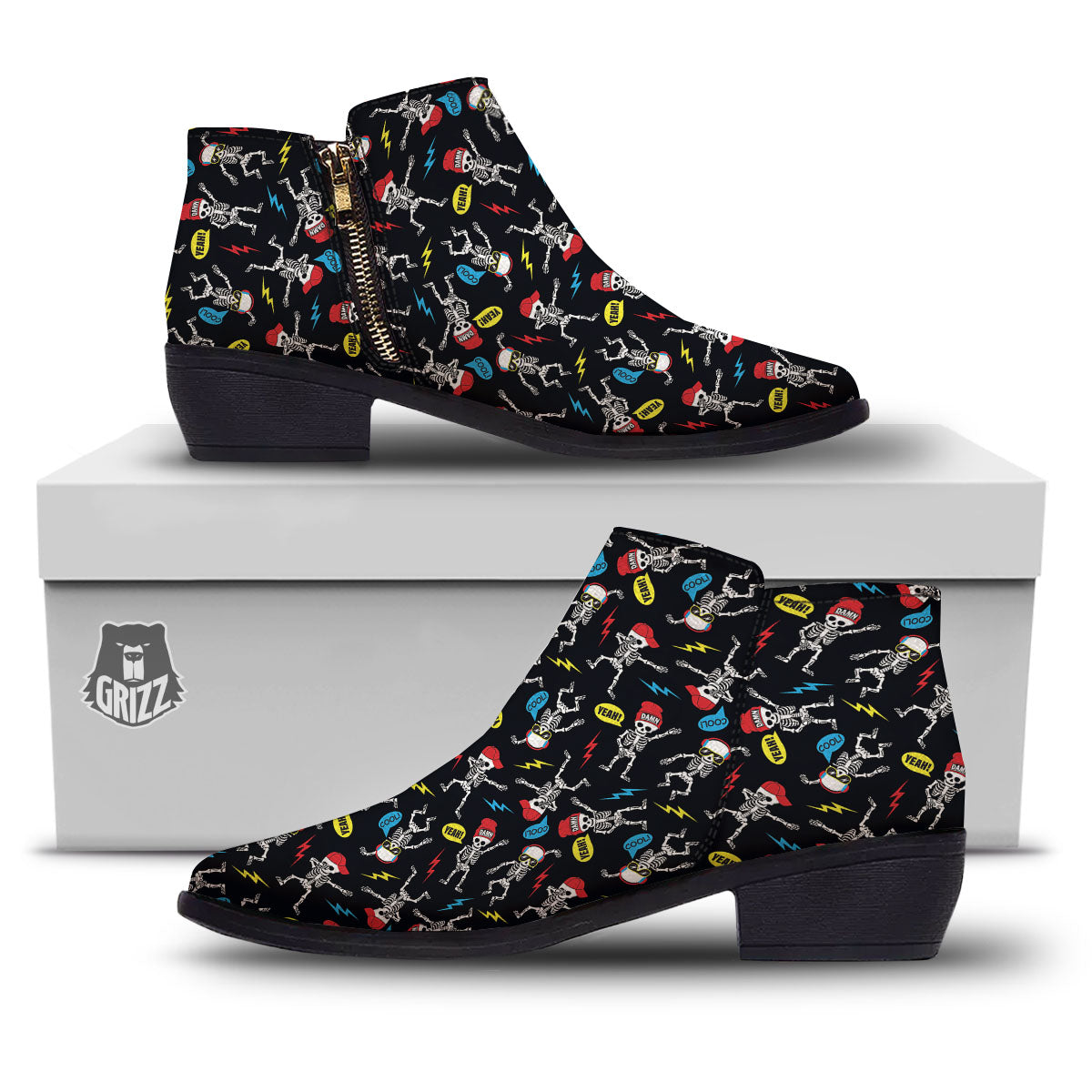 Skeleton Party Fun Print Pattern Ankle Boots-grizzshop