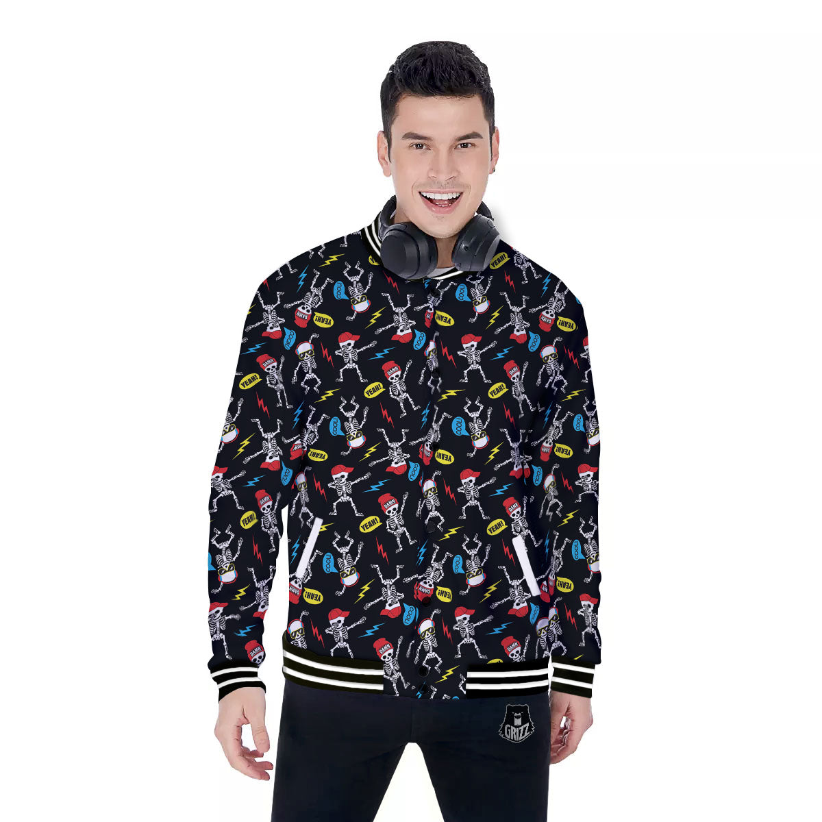 Skeleton Party Fun Print Pattern Baseball Jacket-grizzshop