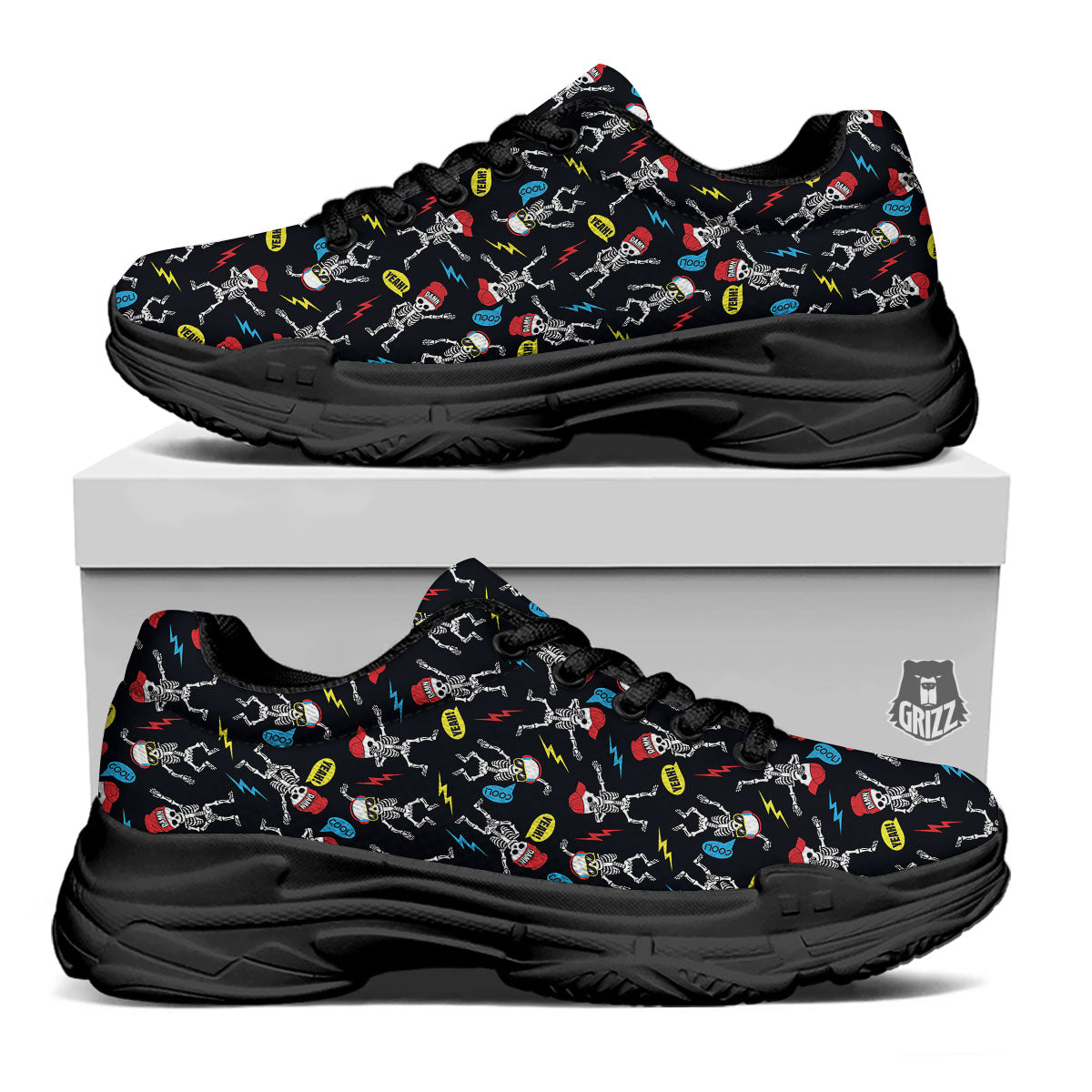 Skeleton Party Fun Print Pattern Black Chunky Shoes-grizzshop
