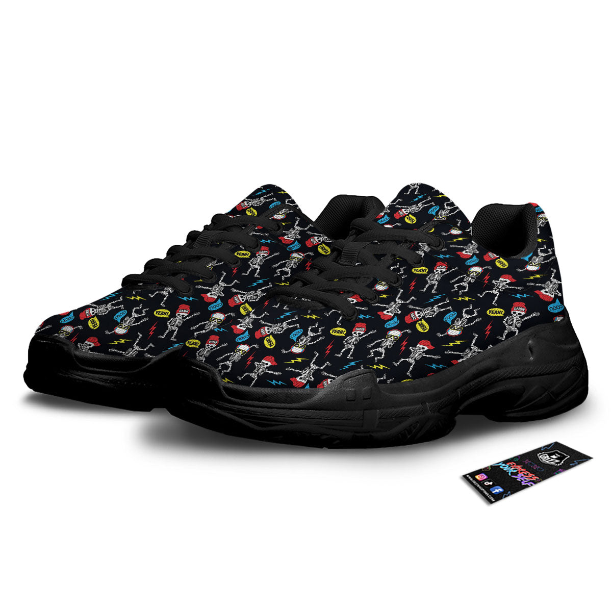 Skeleton Party Fun Print Pattern Black Chunky Shoes-grizzshop