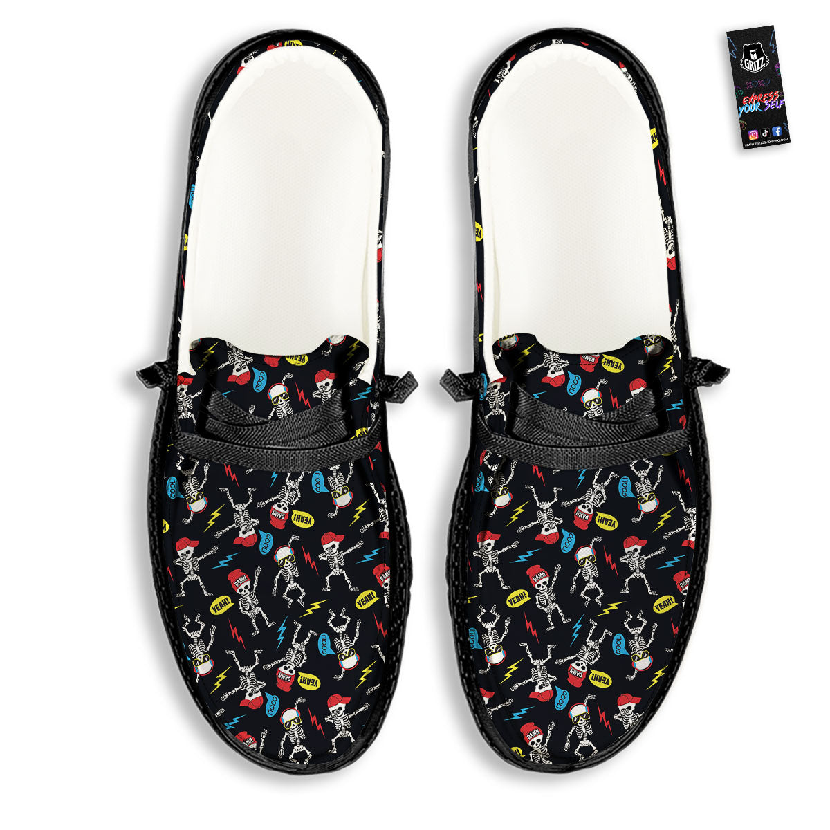 Skeleton Party Fun Print Pattern Black Loafers-grizzshop