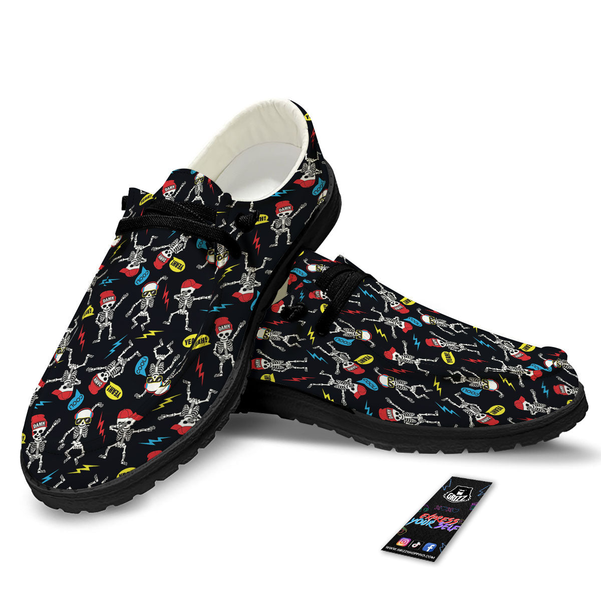 Skeleton Party Fun Print Pattern Black Loafers-grizzshop