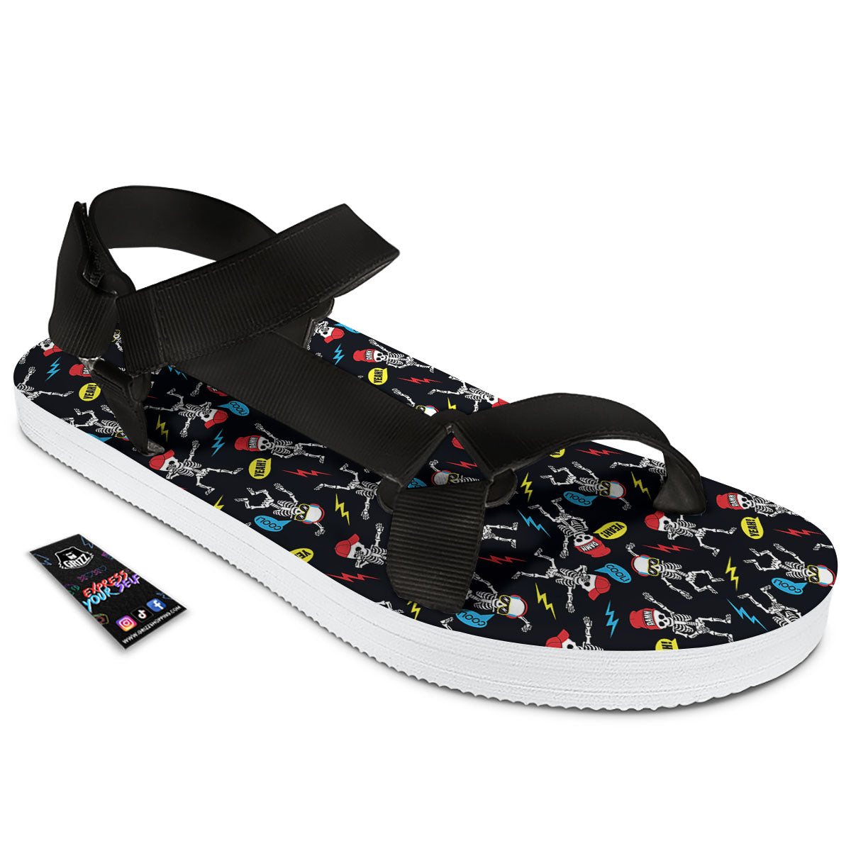 Skeleton Party Fun Print Pattern Black Open Toe Sandals-grizzshop