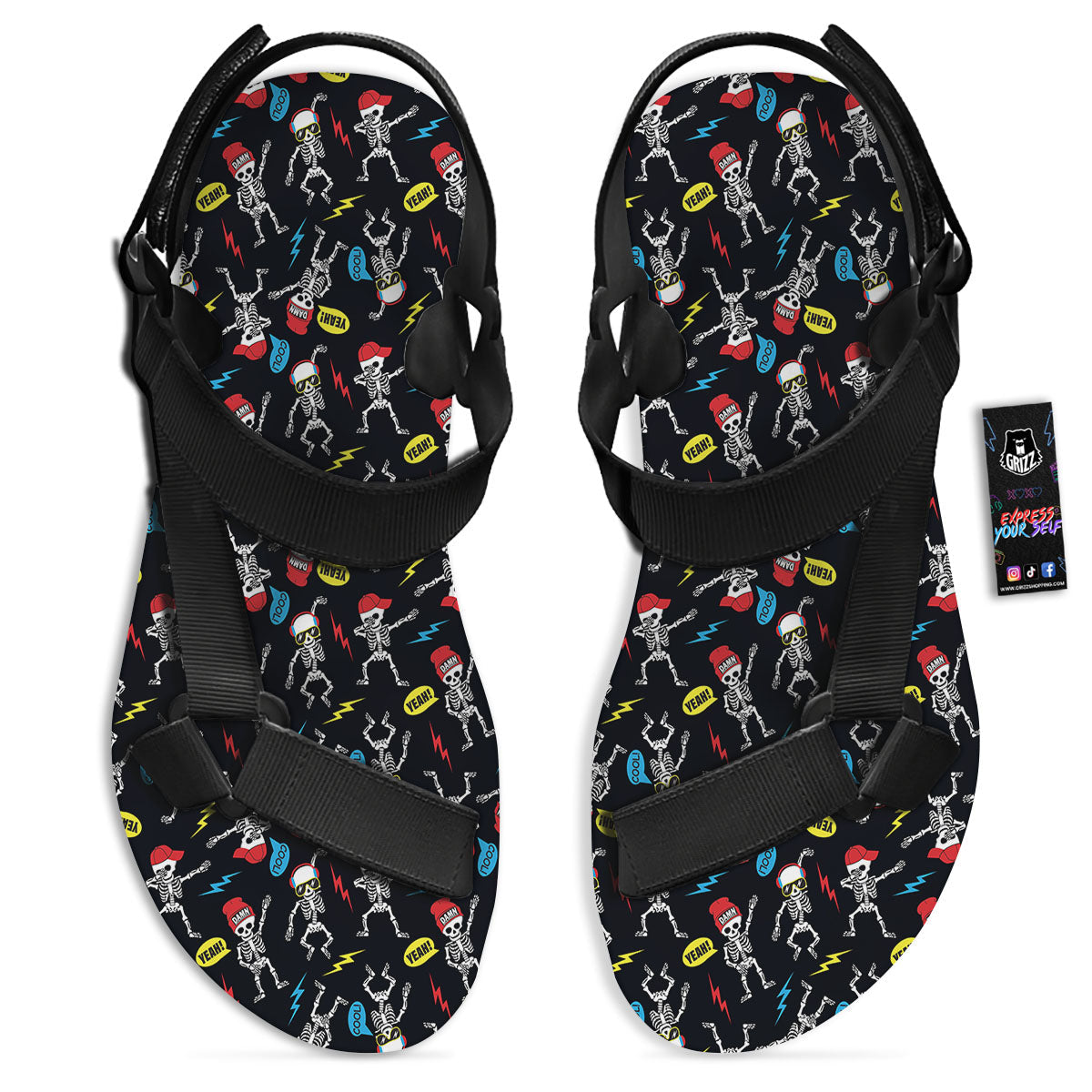Skeleton Party Fun Print Pattern Black Open Toe Sandals-grizzshop