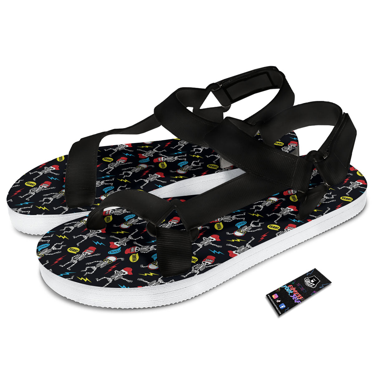 Skeleton Party Fun Print Pattern Black Open Toe Sandals-grizzshop
