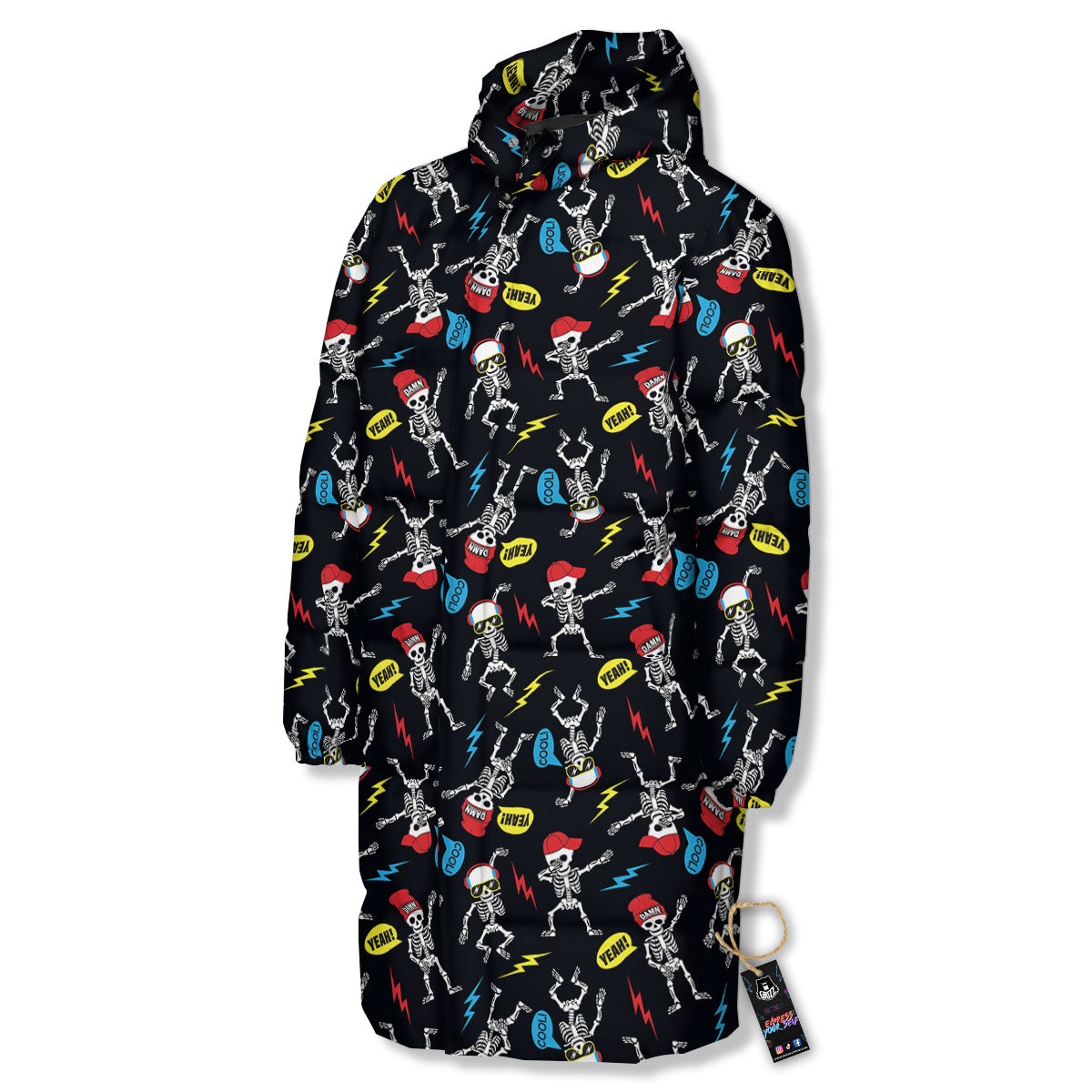Skeleton Party Fun Print Pattern Long Down Jacket-grizzshop