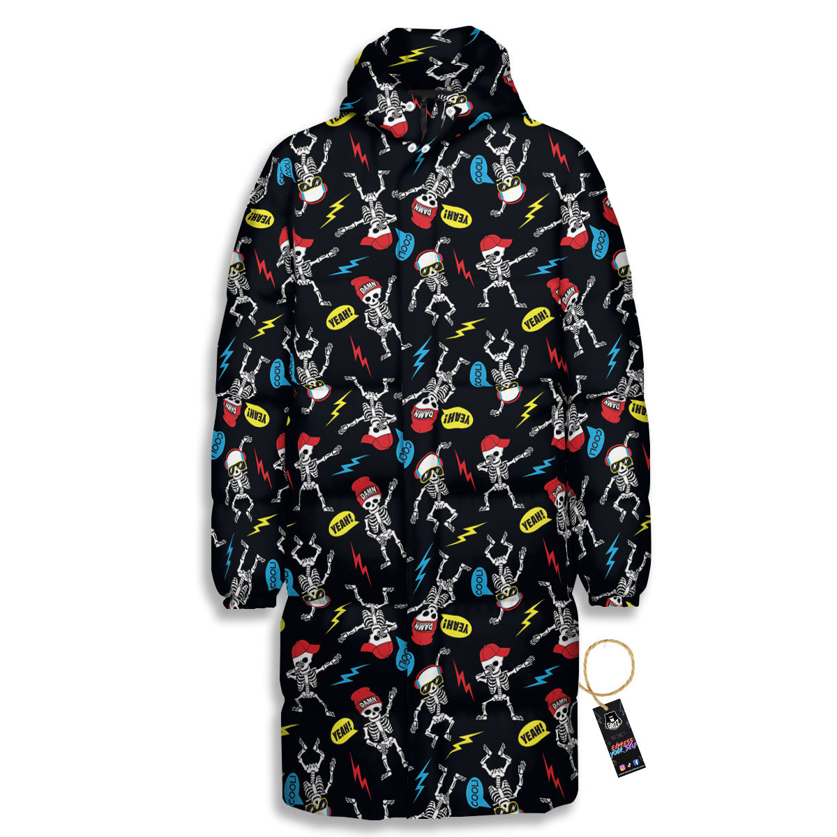 Skeleton Party Fun Print Pattern Long Down Jacket-grizzshop