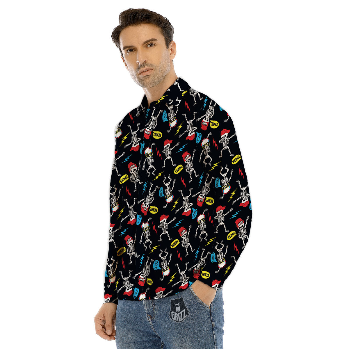 Skeleton Party Fun Print Pattern Men's Dress Shirts-grizzshop