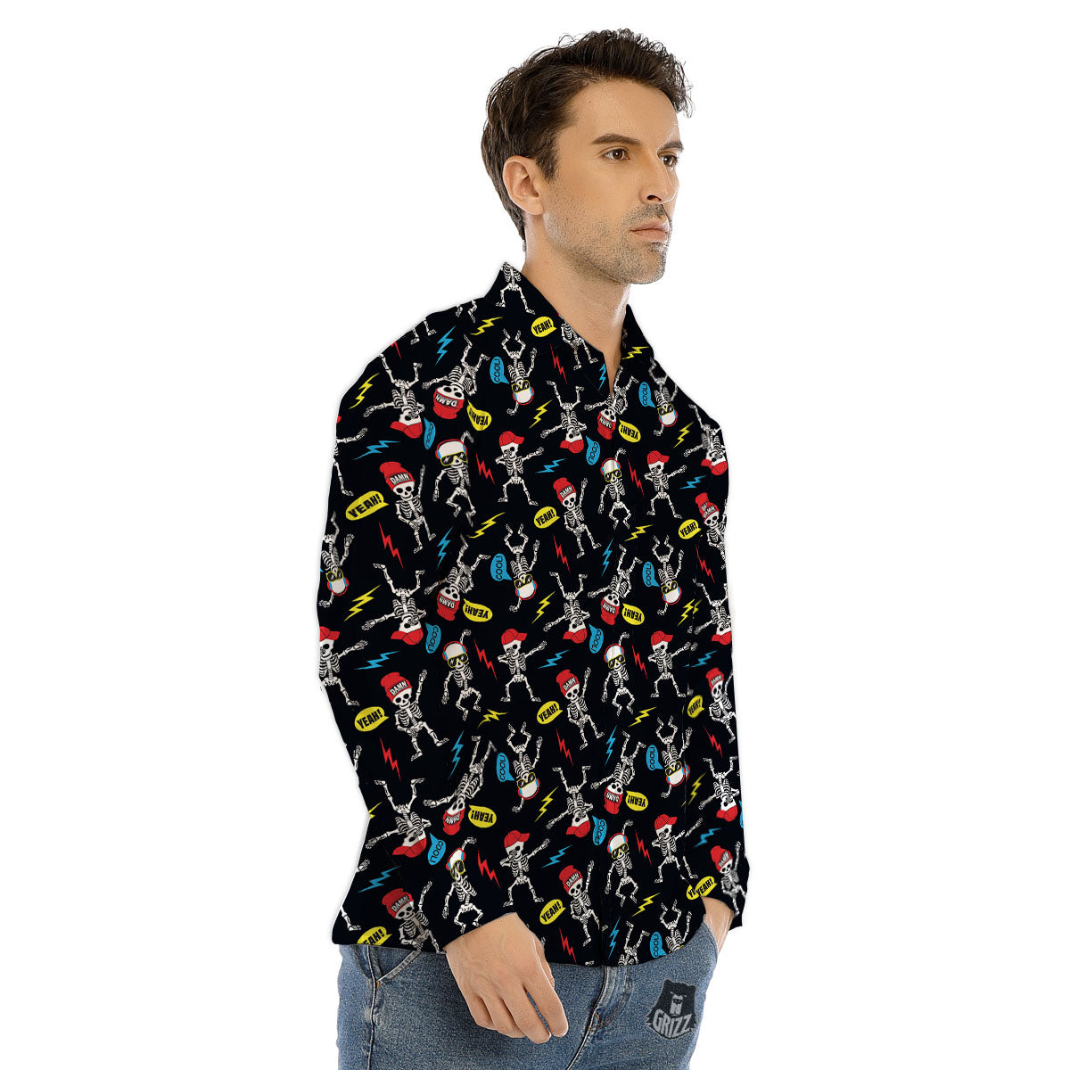Skeleton Party Fun Print Pattern Men's Dress Shirts-grizzshop