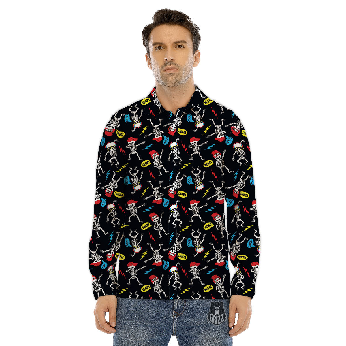 Skeleton Party Fun Print Pattern Men's Dress Shirts-grizzshop