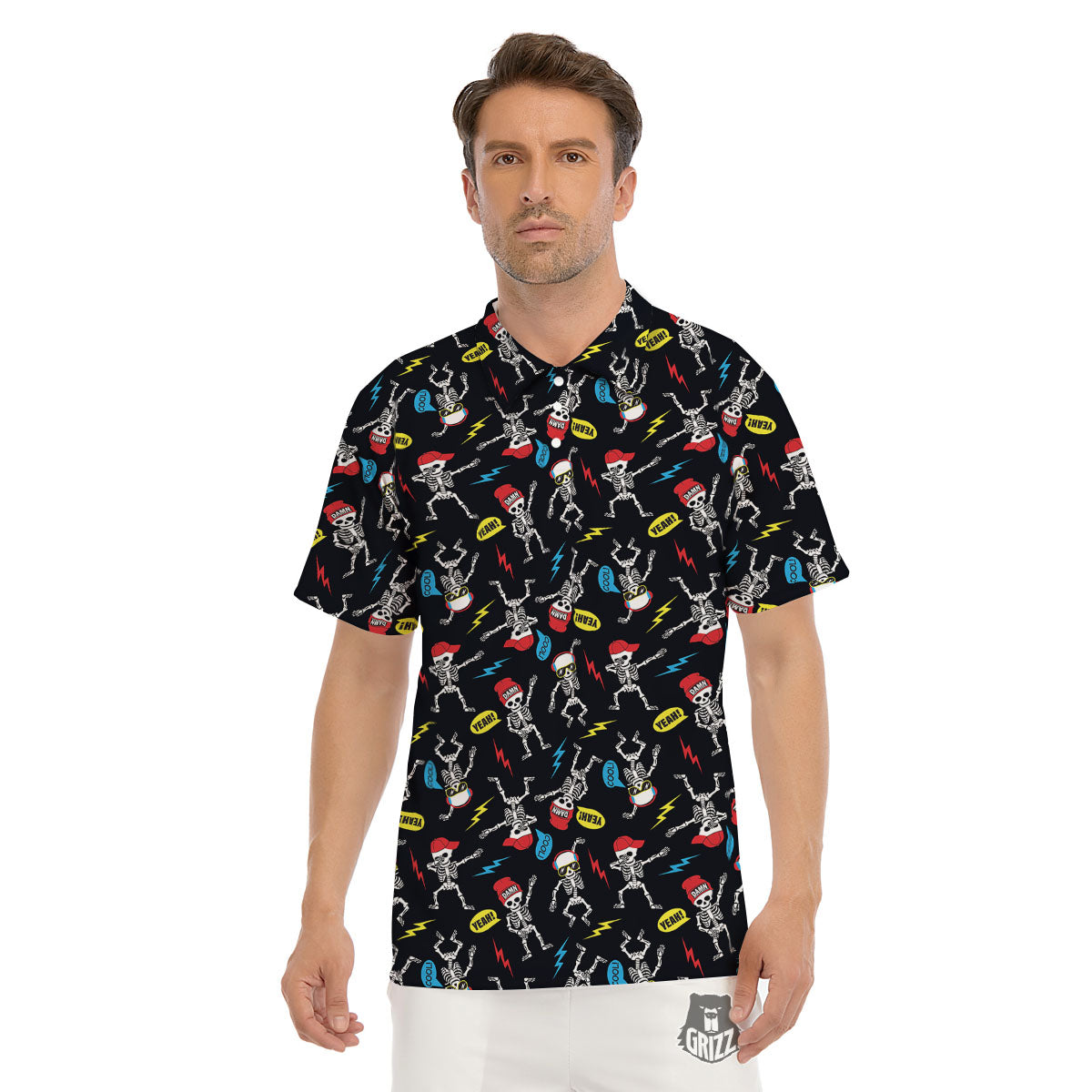 Skeleton Party Fun Print Pattern Men's Golf Shirts-grizzshop