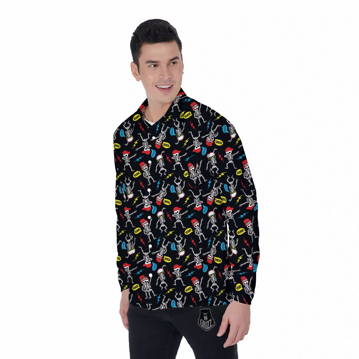 Skeleton Party Fun Print Pattern Men's Long Sleeve Shirts-grizzshop