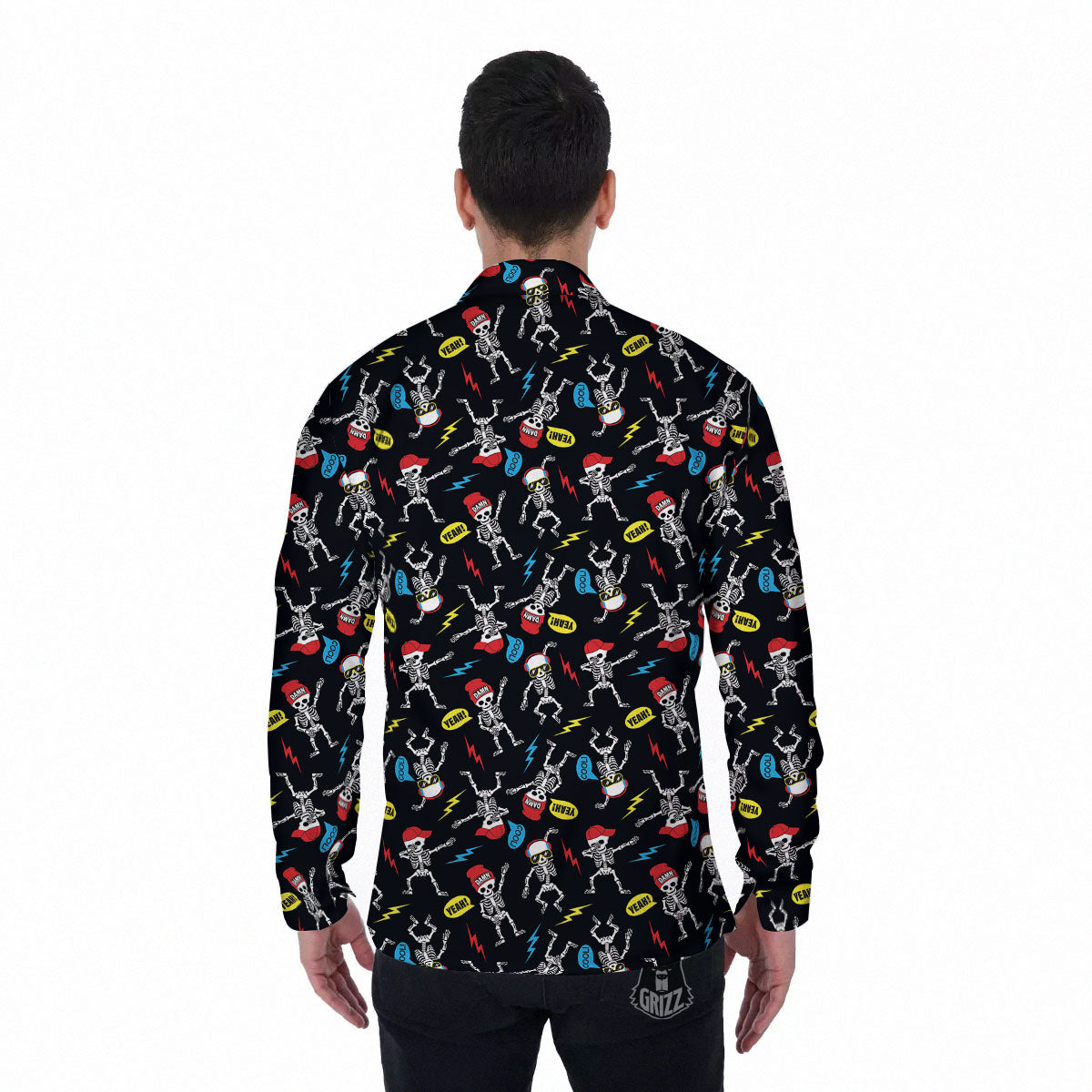 Skeleton Party Fun Print Pattern Men's Long Sleeve Shirts-grizzshop