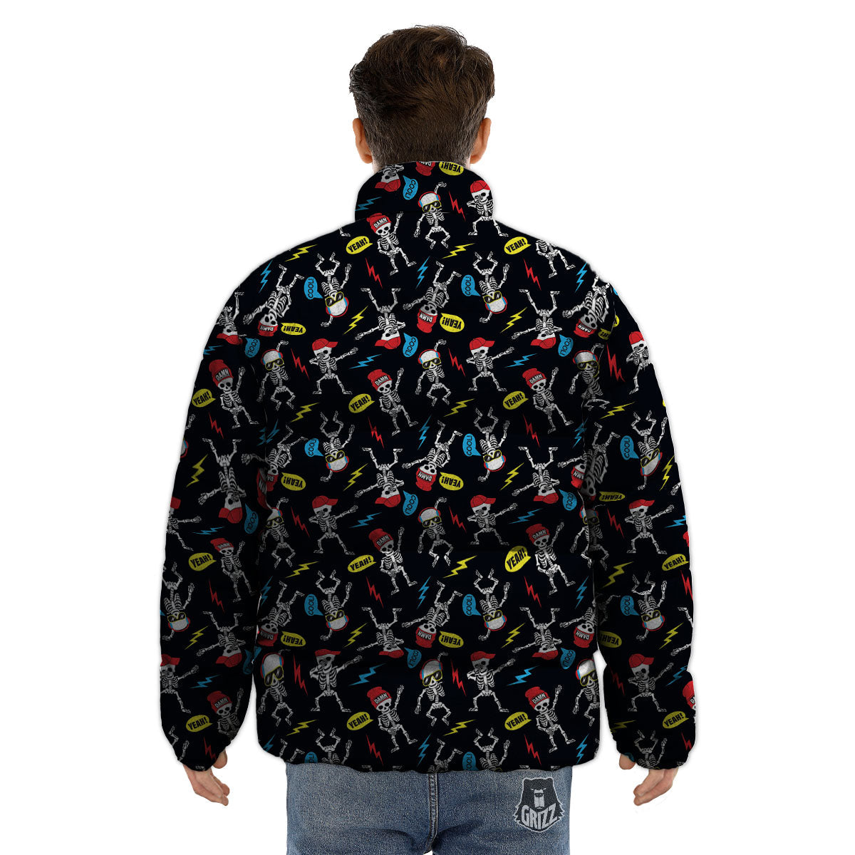 Skeleton Party Fun Print Pattern Puffer Jacket-grizzshop