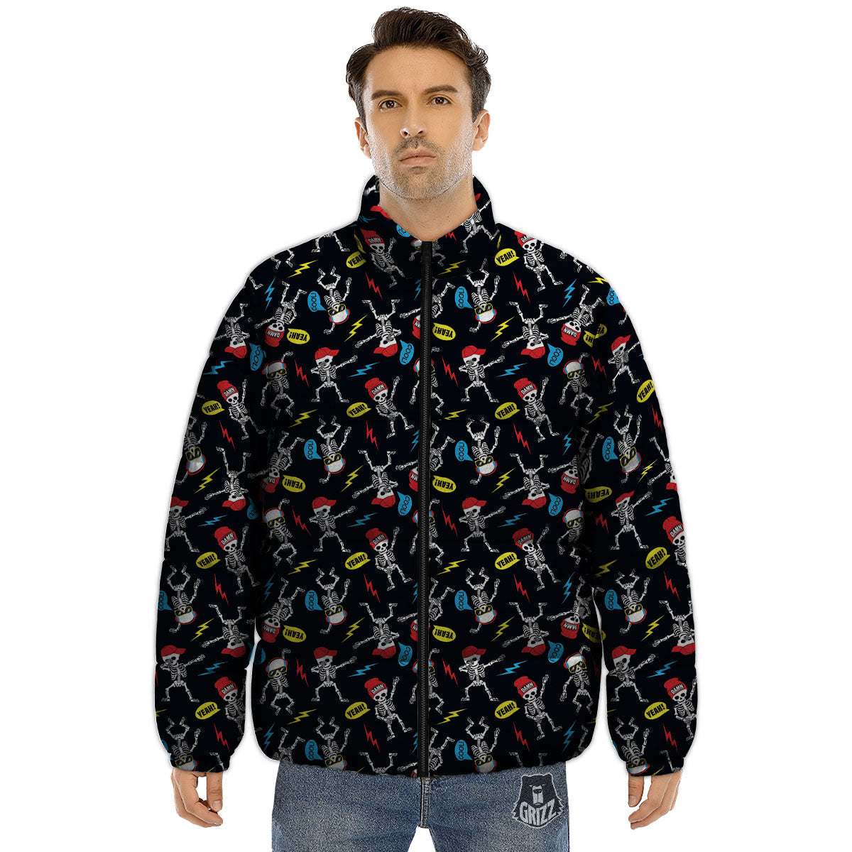 Skeleton Party Fun Print Pattern Puffer Jacket-grizzshop