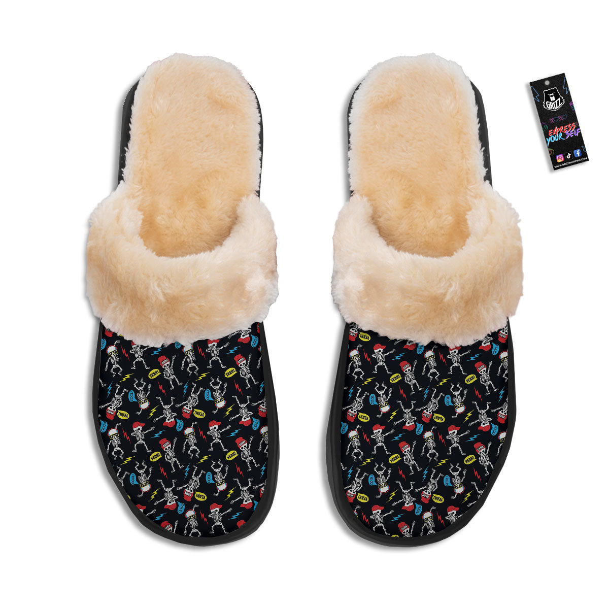 Skeleton Party Fun Print Pattern Slippers-grizzshop