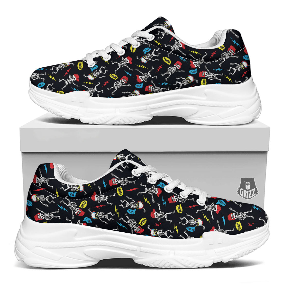 Skeleton Party Fun Print Pattern White Chunky Shoes-grizzshop
