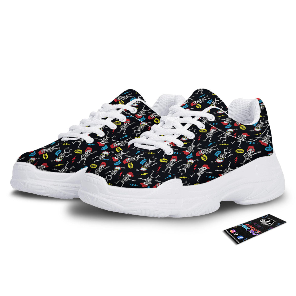 Skeleton Party Fun Print Pattern White Chunky Shoes-grizzshop