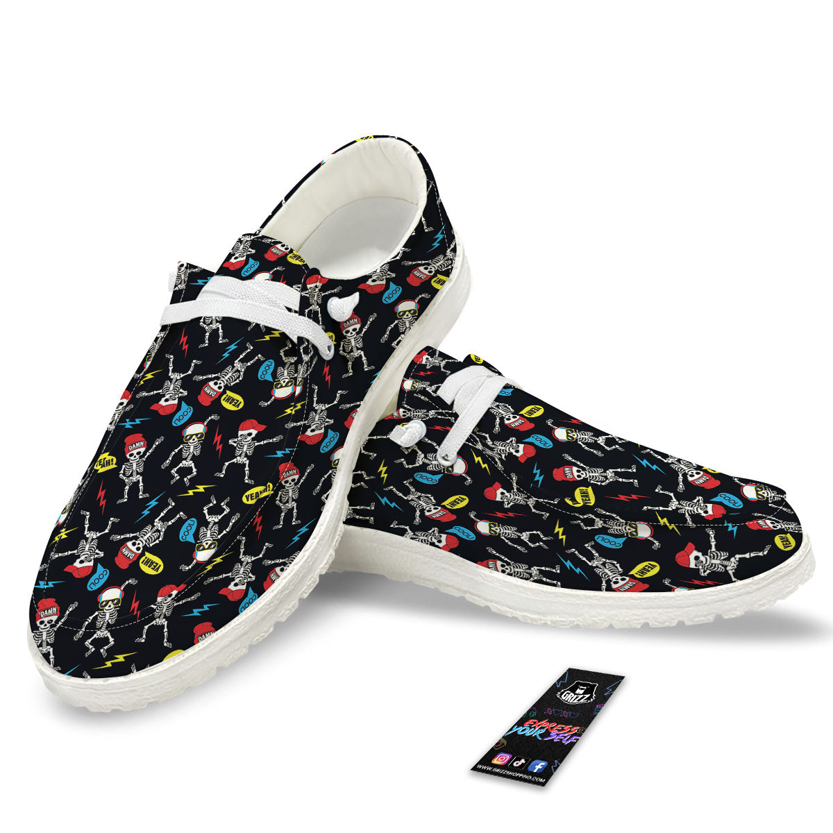 Skeleton Party Fun Print Pattern White Loafers-grizzshop