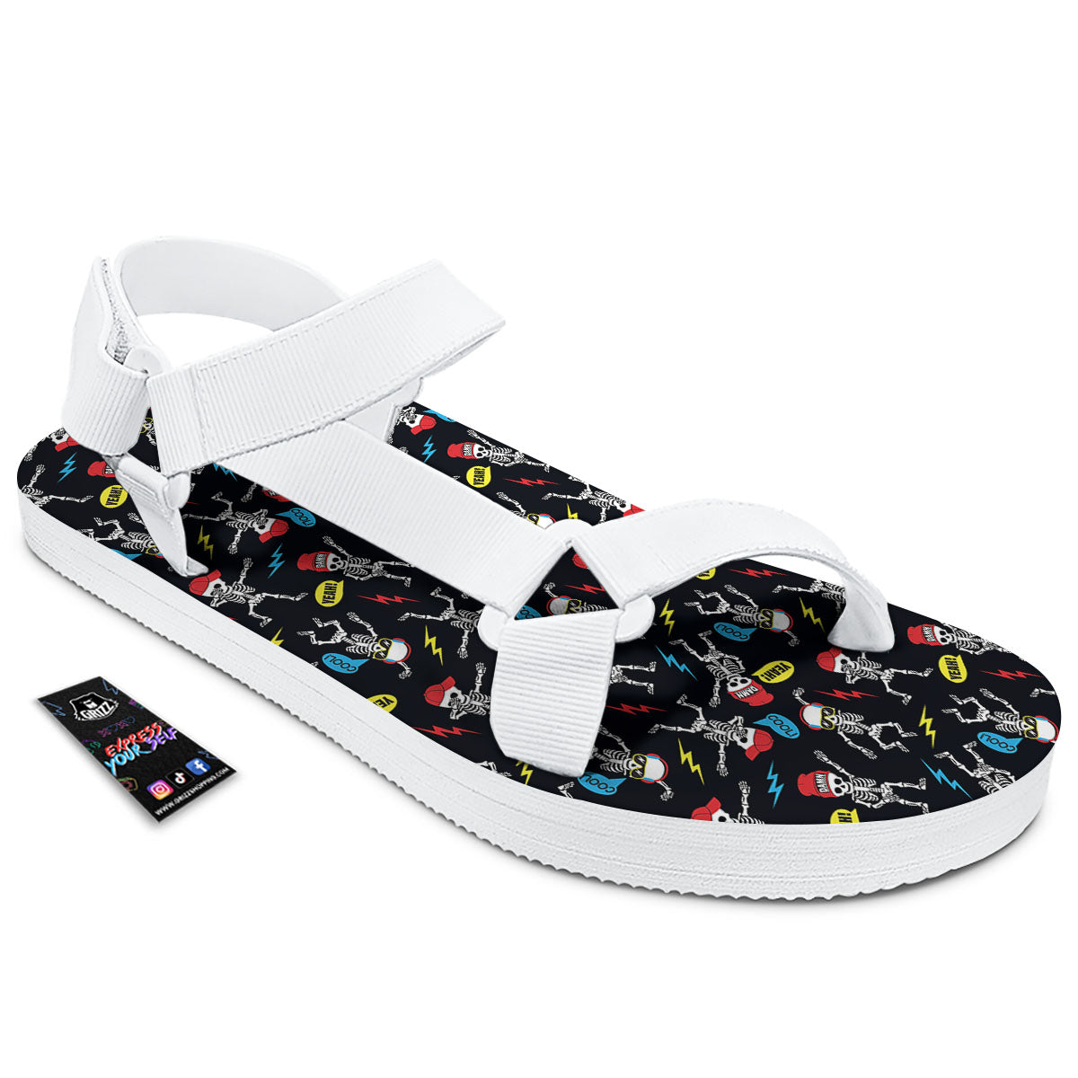 Skeleton Party Fun Print Pattern White Open Toe Sandals-grizzshop