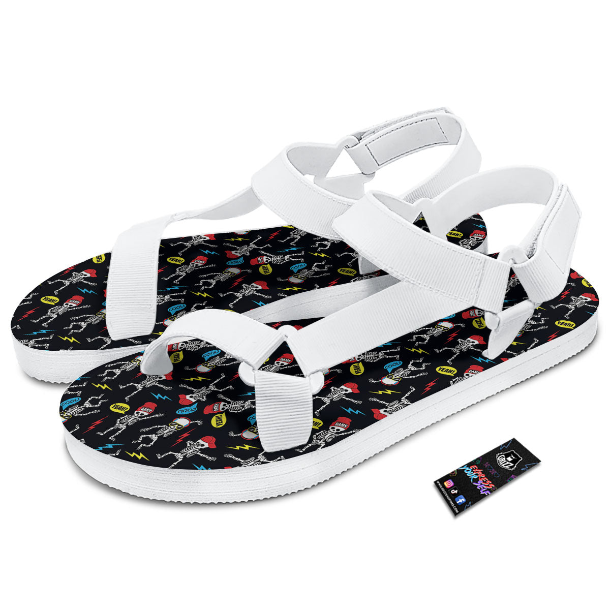 Skeleton Party Fun Print Pattern White Open Toe Sandals-grizzshop