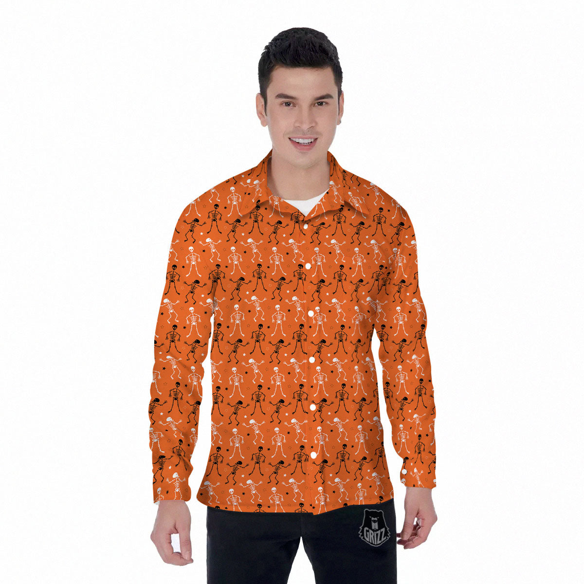 Skeleton Party Halloween Print Pattern Men's Long Sleeve Shirts-grizzshop