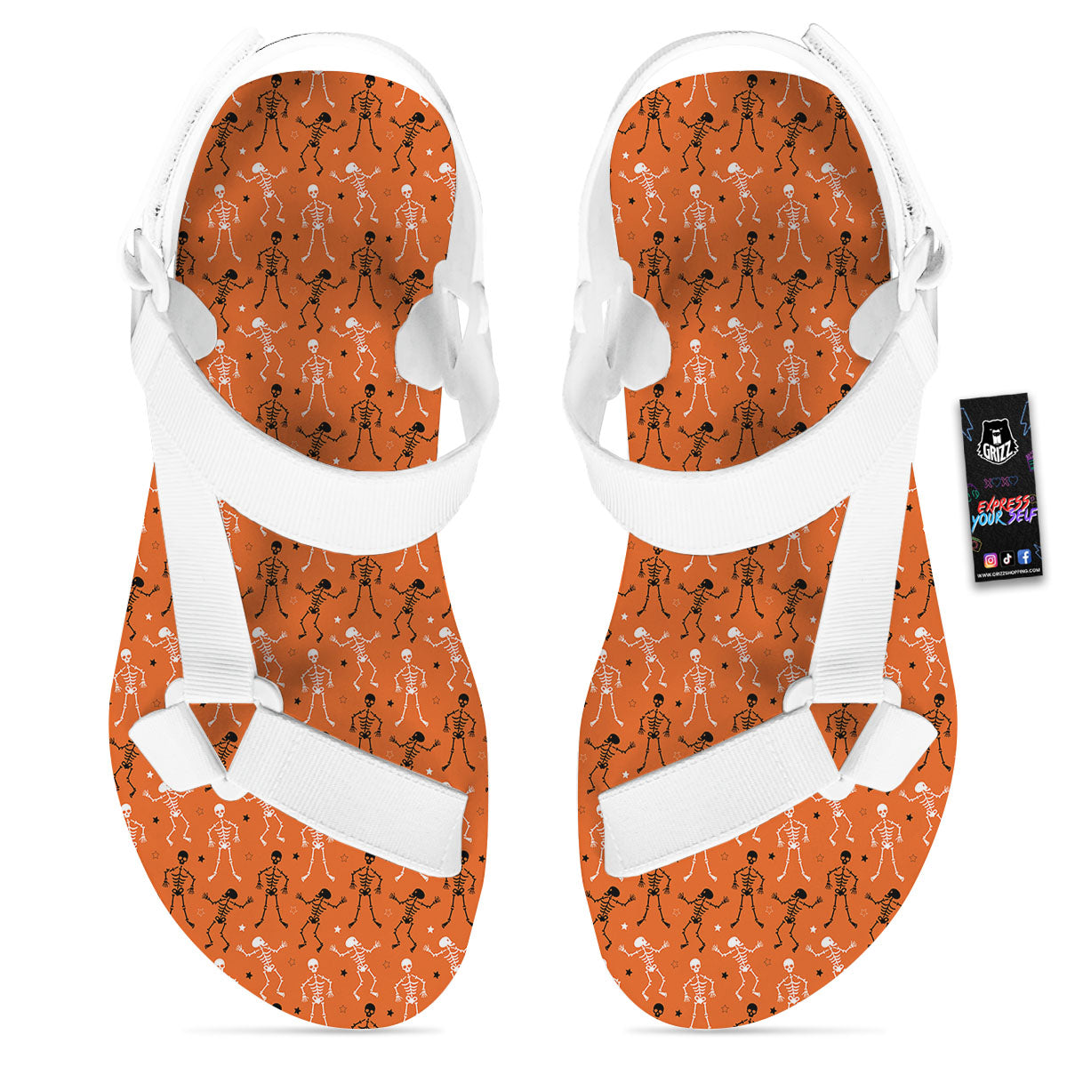 Skeleton Party Halloween Print Pattern White Open Toe Sandals-grizzshop