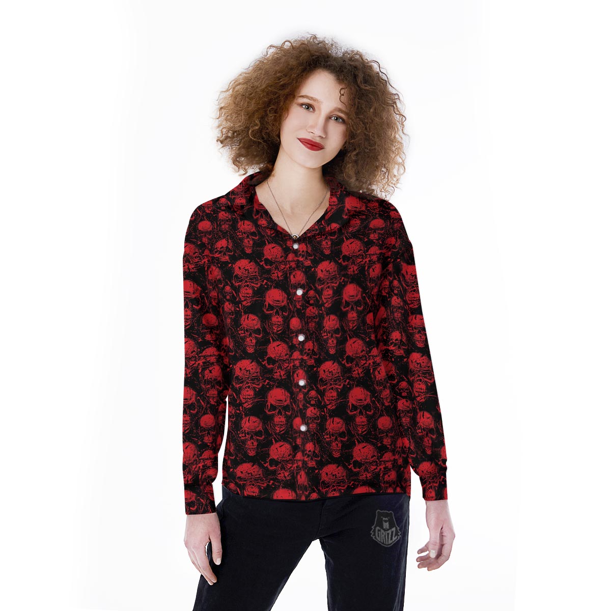 Skeleton Scary Print Pattern Women's Long Sleeve Shirts-grizzshop