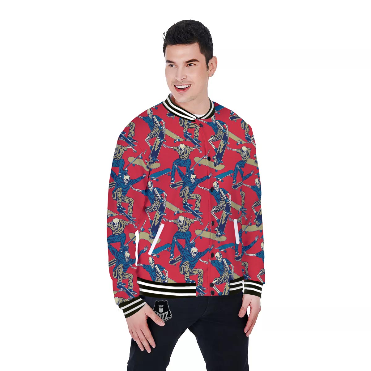 Skeleton Skateboarding Print Pattern Baseball Jacket-grizzshop