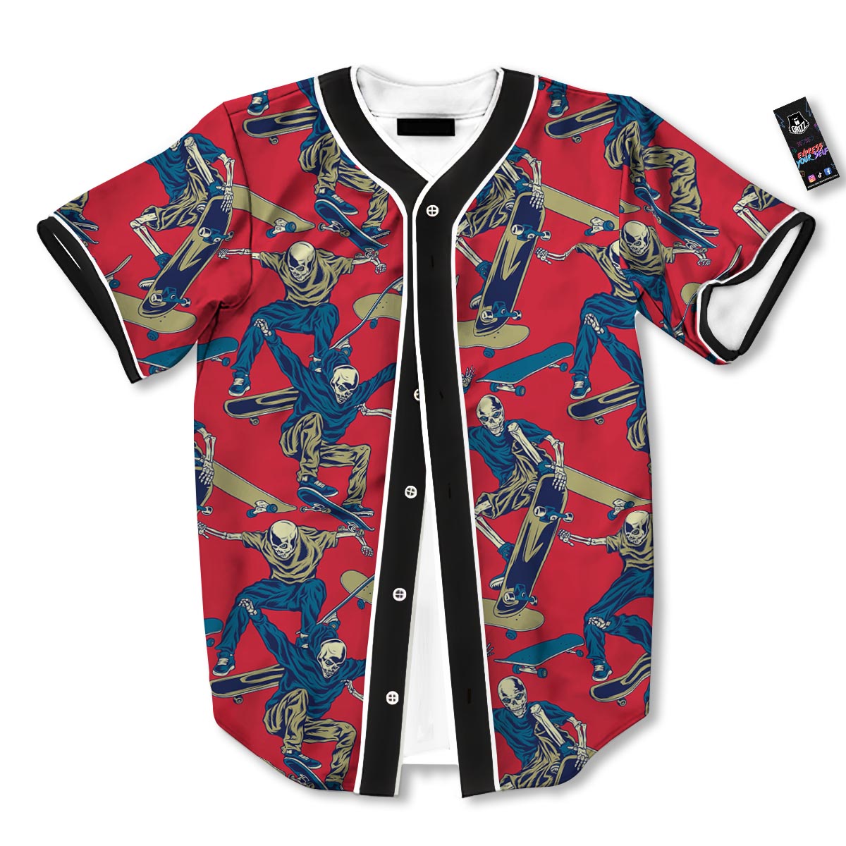 Skeleton Skateboarding Print Pattern Baseball Jersey-grizzshop