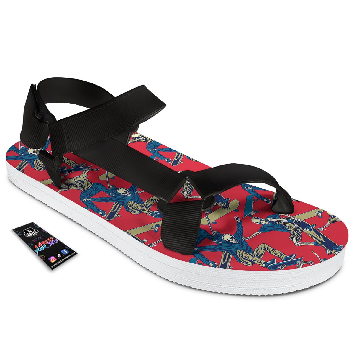 Skeleton Skateboarding Print Pattern Black Open Toe Sandals-grizzshop