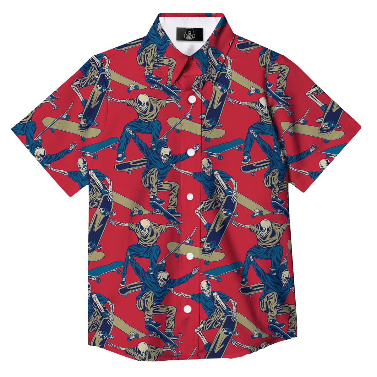 Skeleton Skateboarding Print Pattern Button Up Shirt-grizzshop